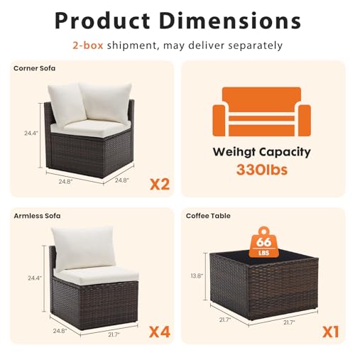 Sweetcrispy 7-Piece Outdoor Patio Sectional Sofa, Modular PE Wicker Outdoor Sectional with Thick Cushions, Rattan Patio Sofa Set with Coffee Table for Backyard, Poolside, Garden, Deck, Brown