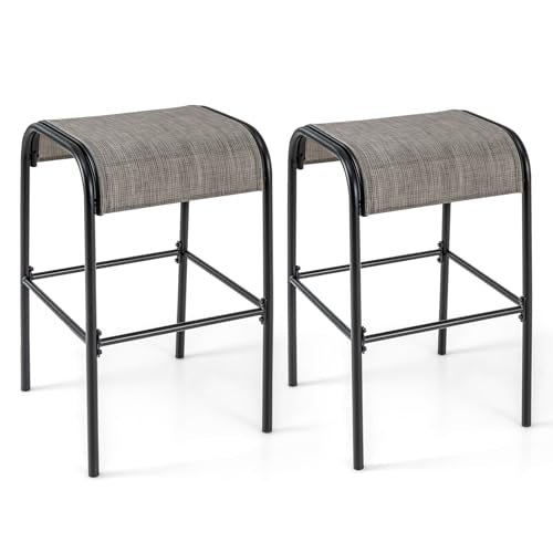 Tangkula Outdoor Bar Stools Set of 2, 30" Bar Height Bistro Stools with Breathable Fabric Seat & Heavy-Duty Metal Frame, Backless Bar Chairs with Curved Seats for Patio, Poolside, Backyard (2, Coffee)