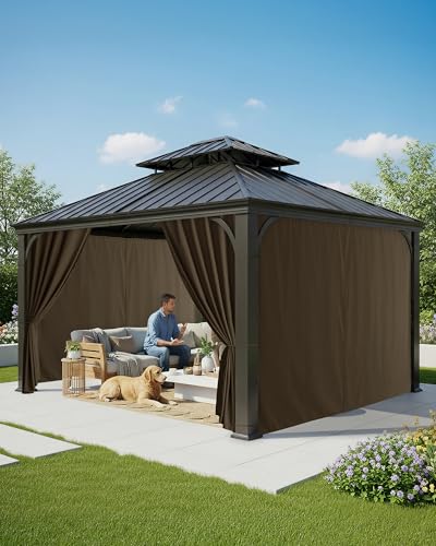 RichSets Gazebo Curtains Outdoor Waterproof - 10'Wx10'Lx7'H Weatherproof Patio Pergola Outside Curtains, Gazebo Universal Replacement Privacy Curtains, 4 Panels Sidewall Drapes with Zipper, Brown