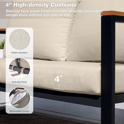 COMLAX FIELD Patio Furniture Set, 4 Pieces Outdoor Patio Furniture with Coffee Table Set, Metal Patio Conversation Sets with Washable and High-Resiliency Sponge Cushions, Upgarded Beige