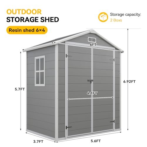 Aoxun 6x4 FT Outdoor Storage Shed, Plastic Garden Resin Shed with Floor and Window for Patio, Lawn, Outdoor Storage with Lockable Door for Bike, Tools, Garbage Can, Grey