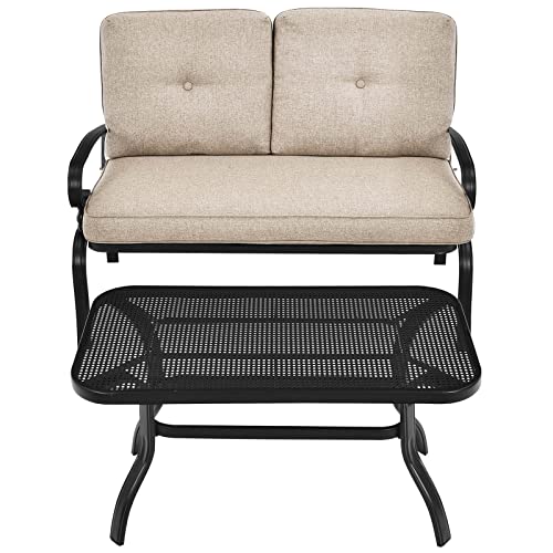 Tangkula Patio Loveseat with Table Set, 2 Seat Cushioned Sofa with Coffee Table, Patio Conversation Sofa Set with Rustproof Frame, 2 Pieces Outdoor Furniture Set for Garden, Poolside, Balcony (Beige)