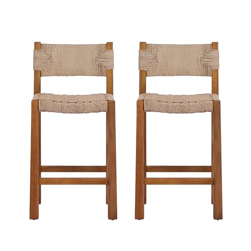 Christopher Knight Home 2-Pack Outdoor Counter Height Bar Stools with Backrest, Acacia Wood Frame Woven Wicker, 28" Patio Bar Chairs with Teak Finish for Deck Balcony Outdoor Bar Table, Light Brown