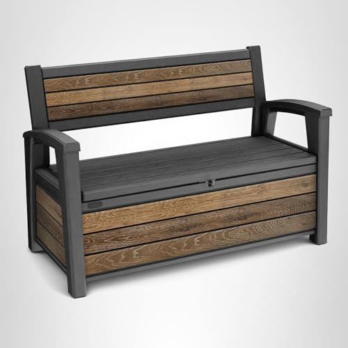 Keter Signature 60 Gallon Storage Bench Deck Box for Patio Furniture, Front Porch Decor and Outdoor Seating – Perfect to Store Garden Tools, Walnut