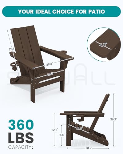 SERWALL Modern Adirondack Chairs Set of 2, Folding Adirondack Chair with Cup Holders, Outdoor HDPE Adirondack Chair for Patio Lawn Garden, Coffee