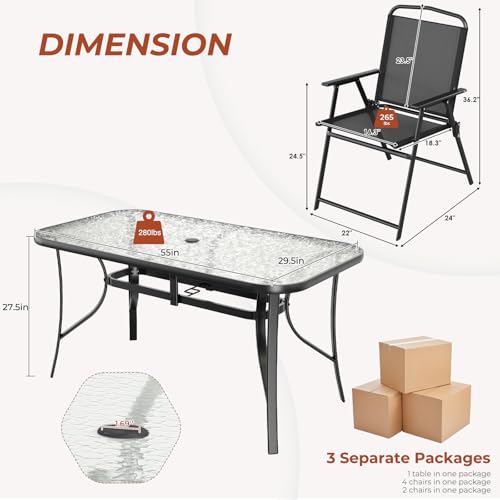 TLSUNNY 7 Piece Patio Dining Set for 6, Outdoor Table and Chairs W/1.69" Umbrella Hole & Metal Frame, 30"X 55" Rectangular Glass Table and Patio Textilene Folding Chair W/Armrests, for Deck (Black)