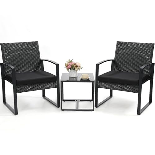Murago Outdoor 3-Piece Wicker Bistro Set, Rattan Patio Conversation Set with Coffee Table, for Backyard Garden Poolside, Black Frame & Black Cushion