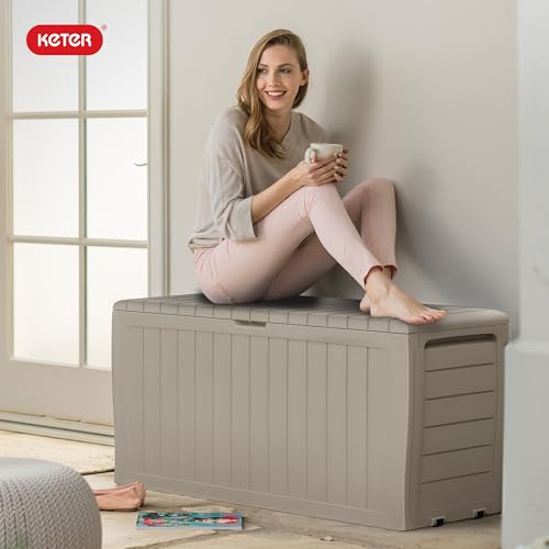 Keter Marvel Plus 71 Gallon Resin Outdoor Storage Box for Patio Furniture Cushions, Throw Pillows, Garden Tools and Pool Floats, Beige