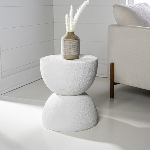 JONATHAN Y Greta Hourglass Outdoor Side Table and Stool, 18" Modern Textured All-Weather Accent End Table for Patio, Deck, or Garden, White Frosted TBL1100A