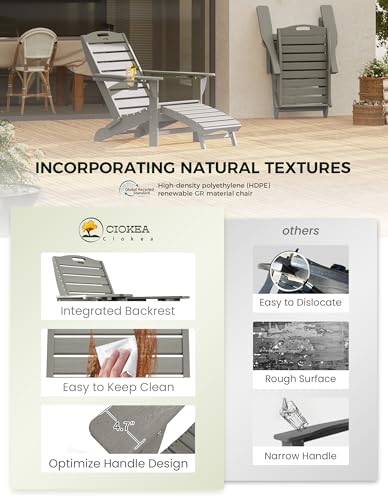 Ciokea Folding Adirondack Chair with Retractable Ottoman Fire Pit Patio Chair with Pull Out Foot Rest Weather Resistant Lawn Outdoor Lounge Chair with 2 Cup Holder (Grey)