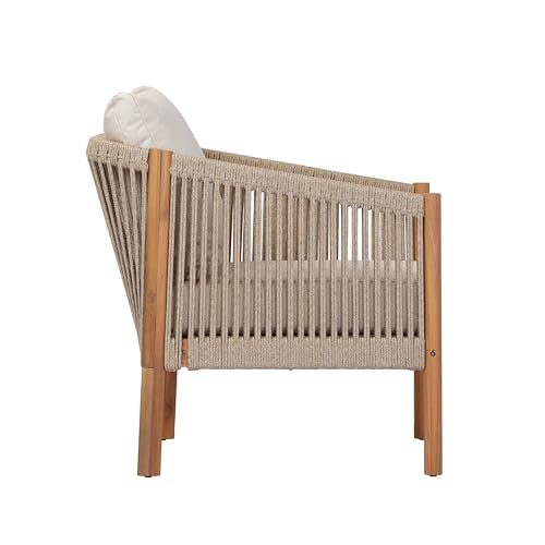 Christopher Knight Home Bubi 5-Seater Patio Furniture Set with Cushion, 4 Piece Outdoor Acacia Wood Conversation Set, Sold Wood Outdoor Sectional Sofa Set with Coffee Table, Teak+Beige
