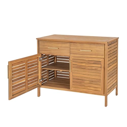 Merax Outdoor Patio Acacia Wood Cabinet, Natural Finish Storage Cabinet with 2 Drawers & Double-Door Shelf for Garden, Poolside, Patio