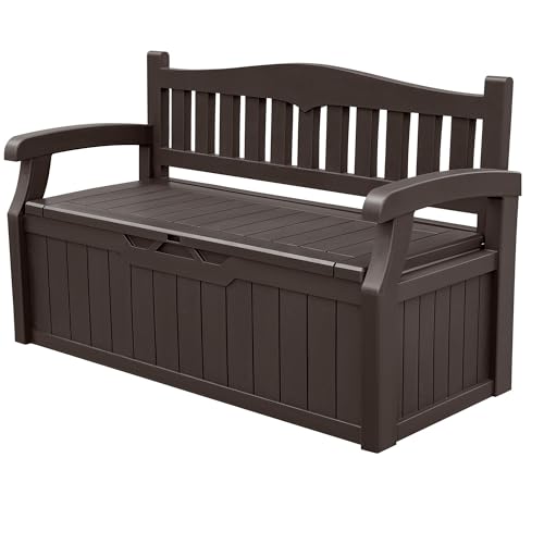 Devoko 80 Gallon Storage Bench Deck Box Lockable for Patio Furniture, Garden Decor and Outdoor Seating for Cushions, Garden Tools and Pool Supplies(Dark Brown)