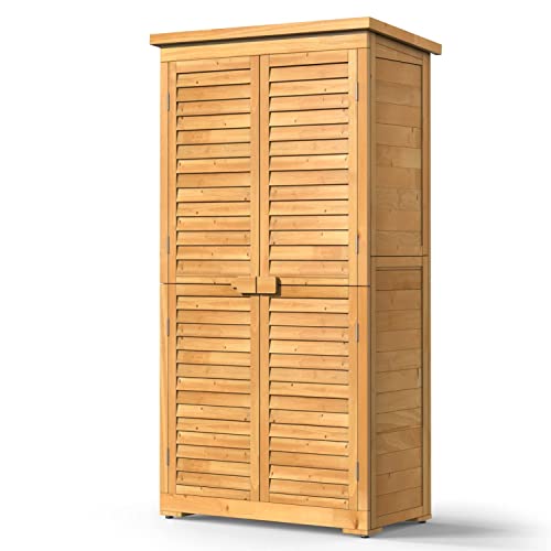 Bealife 63.2" Outdoor Storage Cabinet with Double Doors, Lockable Vertical Storage Shed with 3 Shelves Organizer, Waterproof Fir Wood Tool Closet Shed for Garden, Backyard, Patio, and Lawn -Natural