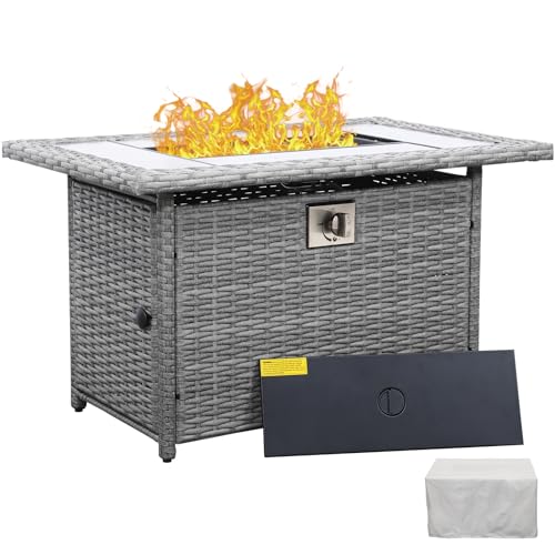 60000 BTU Wicker Gas Fire Pit Outdoor Fire Pit Table 45 Inch Fire Pits for Outside with Woodgrain Marble Tabletop Fire Pit Cover and Blue Crystal Beads