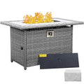 60000 BTU Wicker Gas Fire Pit Outdoor Fire Pit Table 45 Inch Fire Pits for Outside with Woodgrain Marble Tabletop Fire Pit Cover and Blue Crystal Beads