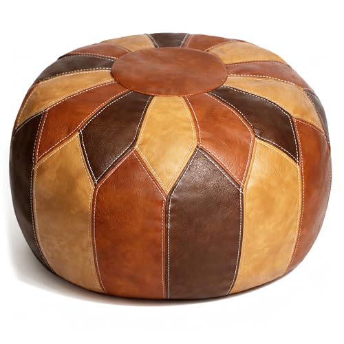 Thgonwid Unstuffed Moroccan Faux Leather Pouf Ottoman Cover with Storage - Boho Chic Multi-Use Footrest for Living Room, Bedroom, Patio - Round Ethnic Floor Cushion & Decorative Accent, Tricolor