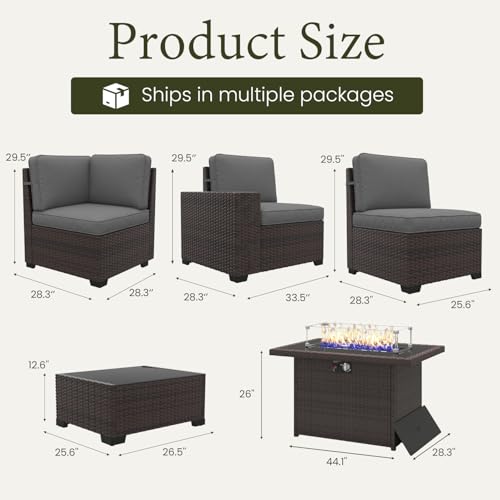 LayinSun 13 Pieces Outdoor Patio Furniture Set with 44" Fire Pit Table Brown Rattan Sectional Sofa Conversation Sets