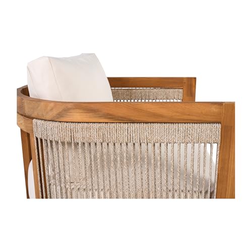 Christopher Knight Home Dora Set of 2 Patio Club Chair with Cushions, Acacia Wood Lounge Chair Outdoor, Woven Accents, Curved Design Side Chair for Balcony Backyard Garden Poolside, Beige + Teak