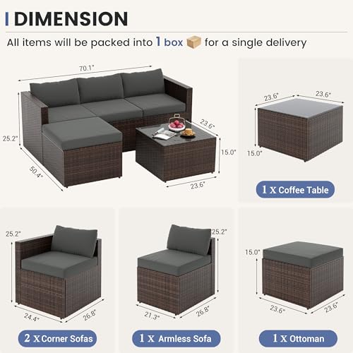UDPATIO 5 Piece Patio Furniture Set, All-Weather Wicker Outdoor Sectional Sofa,Rattan L Shaped Outdoor Conversation Patio Sectional with Ottoman, Glass Table for Balcony Porch Backyard,Grey