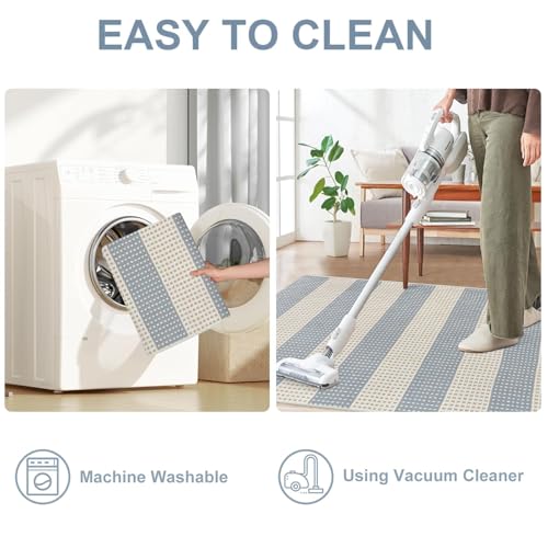 OJIA Washable Area Rugs 4'x6', Striped Outdoor Rug Cotton Woven Entryway Rugs Indoor Patio Rugs Carpet Large Area Rugs for Bedroom/Porch/Deck/Backyard/Camping/Living Room (Blue/White/Tan)