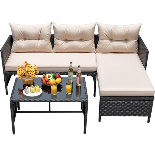 Devoko Outdoor Patio Furniture 3-Piece Rattan Waterproof Outdoor Sectional Sofa All-Weather L Shaped Patio Couch with Cushion Glass Table for Balcony, Garden (Beige)