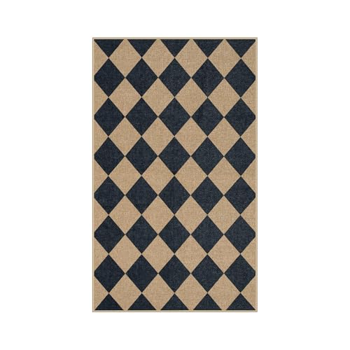 Lahome Colette Checkered Easy Jute 3x5 Outdoor Patio Rug, Washable Rugs for Entryway Diamond Indoor Outdoor Living Room Carpet, Farmhouse Neutral Non Slip Black Door Carpet for Backyard Bedroom