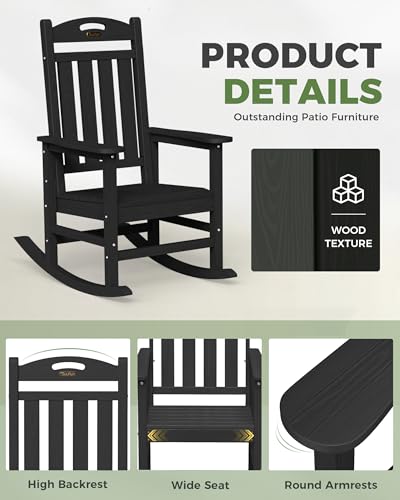 SUUNYN Oversized Outdoor Rocking Chair, High Back Porch Rocker Chair, HDPE All Weather Resistant Rocking Chairs for Patio, 380lbs Weight Capacity, Black