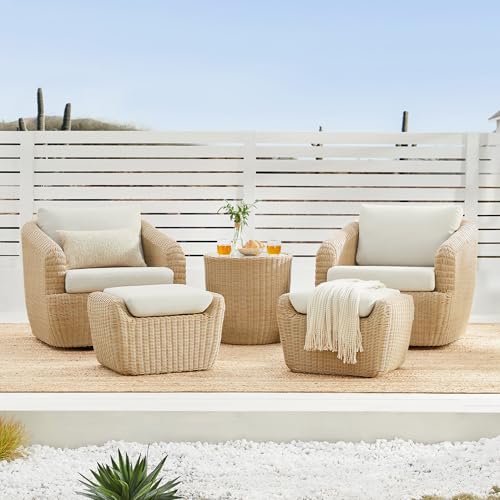 CHITA 5 Pieces Patio Wicker Furniture Set, Outdoor Rattan Bistro Set with Removable Thickened Cushions, Fully Assembled(Beige Cushions with Light Brown Wicker)
