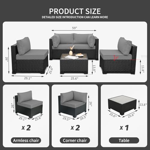 WAROOM Outdoor 5 Piece Patio Furniture Set, Black Rattan Conversation Couch Resin Wicker Sectional Sofa Outside Chair with Coffee Table, Grey Cushion