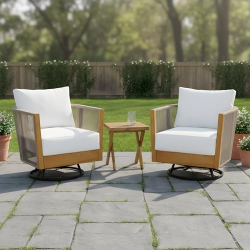 Christopher Knight Home Outdoor Swivel Rocking Chair Set of 2 with Cushion & Cross Base Side Table, Acacia Wood Patio Swivel Rocker Chair Set 360 Degree Porch Chairs for Backyard Balcony, Natural/Teak