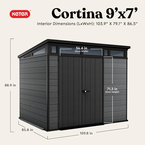 Keter Cortina 9x7 Ft All-Weather Storage Shed with Skylight, Window, Built-in Ventilation, Customizable Walls, & Lockable Double Doors, Graphite