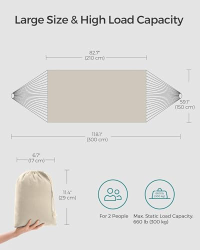 SONGMICS Double Hammock, 98.4 x 59.1 Inches, 660 lb Load Capacity, with Compression Bag, Mounting Straps, Carabiners, for Terrace, Balcony, Garden, Outdoor, Camping, Beige UGDC15M