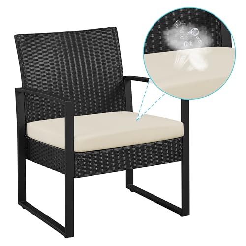 Yaheetech 3 Pieces Rattan Bistro Set, Outdoor Wicker Patio Modern Conversation Furniture, 2 Chairs & Tempered Glass Coffee Table for Garden, Balcony, Backyard, Poolside, Black/Beige