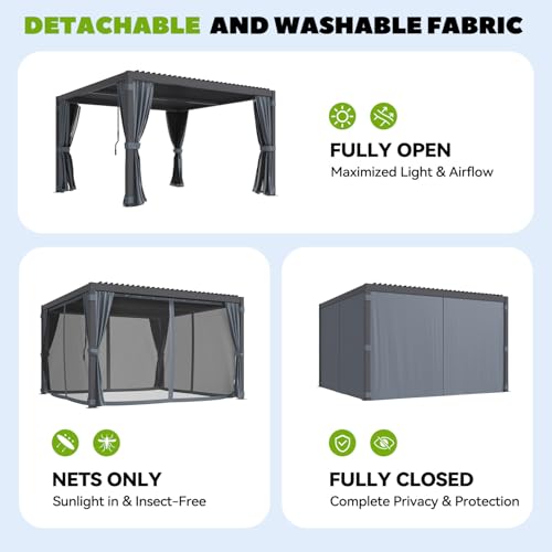 MELLCOM Louvered Pergola 10x12, Outdoor Rustproof Shelter with Adjustable Roof, Steel Aluminum Gazebo with Waterproof Curtains and Netting for Patio Deck, Dark Grey