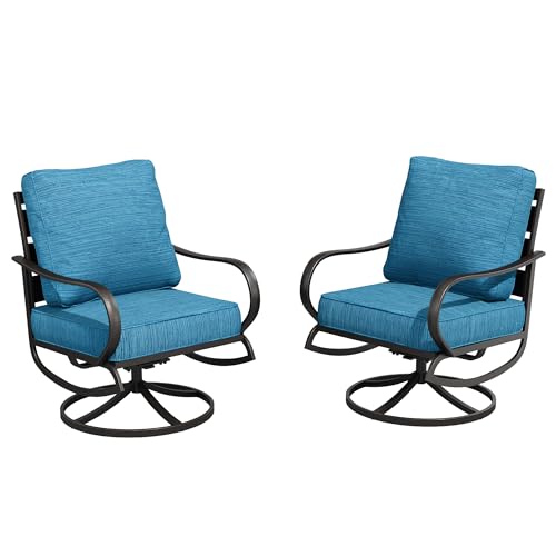 PHI VILLA Metal Swivel Patio Chairs Set of 2, High Back Steel Outdoor Chairs with 5.75" Extra Thick Cushion, 2 Pieces All Weather Deep Seat Outdoor Front Porch Seating Furniture for Deck, Peacock Blue