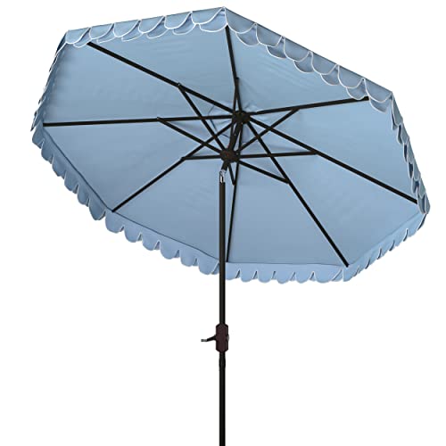 SAFAVIEH Outdoor - Valance 9-Foot Crank Patio Umbrella - Baby Blue & White Canopy - Brown Aluminum Pole - Decorative Petal Valance Trim - Ideal for Patio, Deck, Poolside, Backyard (PAT8006U)