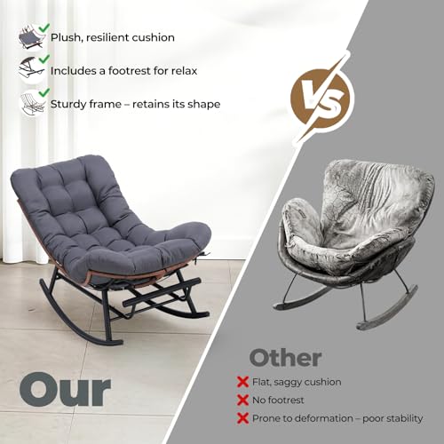 COMHOMA Outdoor Rocking Papasan Chair, Oversized Wicker Patio Rocker, Indoor Comfy Wicker Reading Lounge, Bed-Like Comfort Egg Chair for Bedroom,Balcony, Porch, Garden, Grey