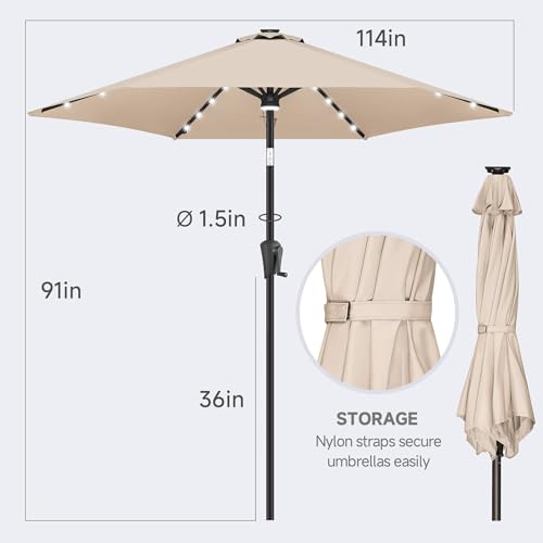 FLAME&SHADE 10ft Solar Outdoor Umbrella - 24 LED Lighted Patio Umbrella with Centre Surround Light, Table Umbrellas with Tilt & Crank for Pool, Porch, Garden, Deck, Backyard UV Protection (Beige)