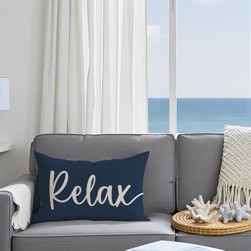 HERHOME Welcome to Our Happy Place Relax Decorative Throw Pillow Covers 12x20 Set of 2 Navy Blue Outdoor Rustic Farmhouse Porch Decor Lumbar Cushion Case Decoration for Home Sofa Couch Living Room