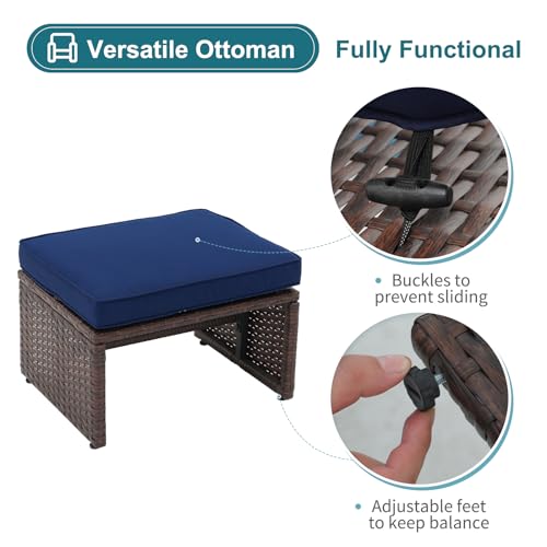 OC Orange-Casual Outdoor Loveseat 3 Piece Patio Furniture Set Outdoor Conversation Set All-Weather Wicker Love Seat with Ottoman/Side Table, Brown Rattan, Blue