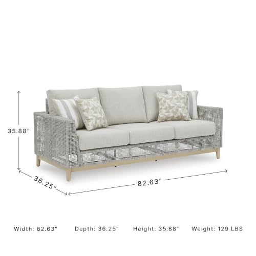 Signature Design by Ashley Seton Creek Cottage Nuvella Weather Resistant Fabric Outdoor Sofa with Cushion and 4 Throw Pillows, Light Brown & Light Gray