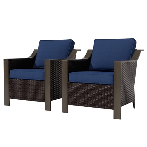 Qsoer Outdoor Wicker Chair Set of 2, All-Weather Use Patio Rattan Chair with Removable Water-Resistant Cushion, Ideal for Porch, Backyard, Balcony, Poolside, Blue