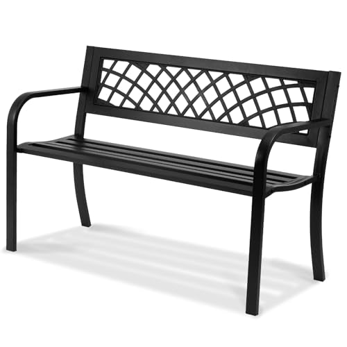 VEVOR Outdoor Bench, 46" Iron Steel Frame Garden Park Bench with Mesh Pattern and Plastic Backrest Armrests, Patio Bench for Garden, Park, Yard, Front Porch