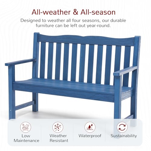 Stoog Outdoor Bench, 2-Person All-Weather HIPS Plastic Garden Bench with 800lb Capacity, Never Rot or Fade, Used for Patio, Porch, Backyard, Blue