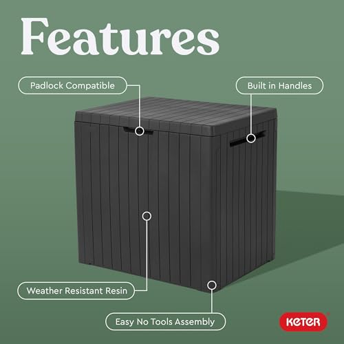 Keter City 30 Gallon Resin Outdoor Storage Box and Patio Furniture Side Table for Pool and Garden Accessories, Dark Grey