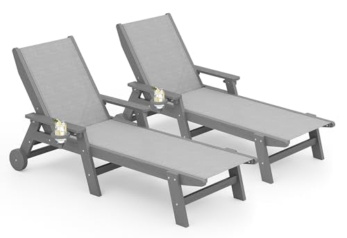 SERWALL Textilene Patio Chaise Lounge Chair Set of 2, 5 Positions Outdoor Lounger with Rolling Wheels for Pool, Deck, Gray