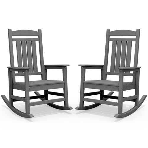 SERWALL Oversized Outdoor Rocking Chair Set of 2, HDPE Patio Rocking Chair, All-Weather Porch Rocker for Balcony, Yard, Dark Gray