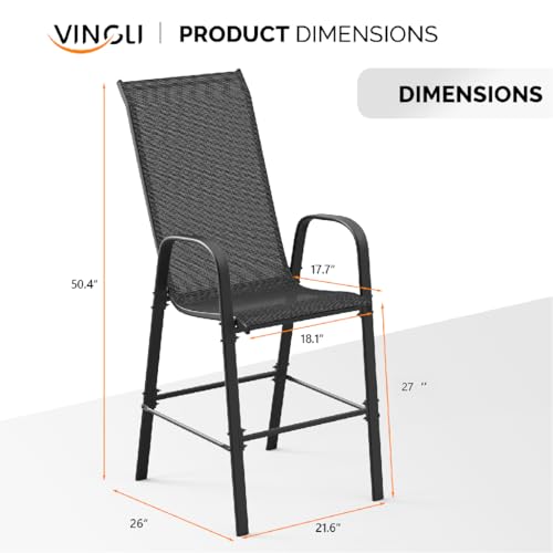 VINGLI Set of 2 Stackable Outdoor Bar Stools – Sling Chairs with High Back & Armrests, for Lawn, Garden, Bar, Black