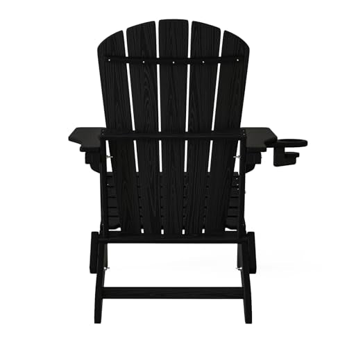 Plawdlik Folding Adirondack Chair Set of 6, Cup Holder，Wooden Textured ，Heavy All-Weather HDPE Comfortable Set Poolside Backyard Lawn, Black